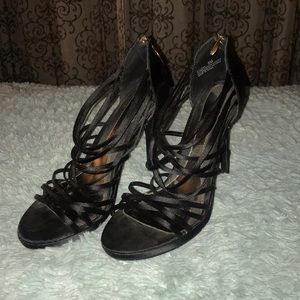 Black satin zip up heels